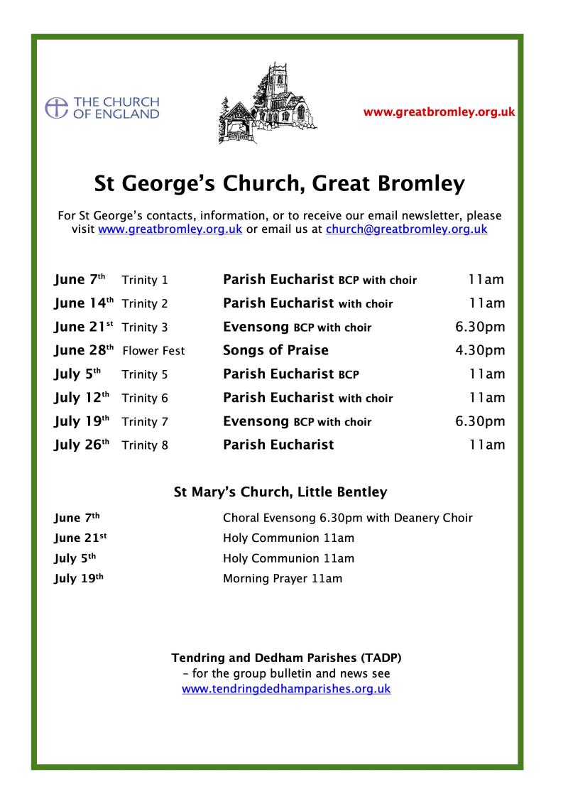 Gt Bromley services June July 2026