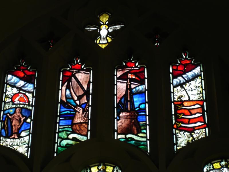 Detail of the Stone Window at Gt Bromley Church with the Ship the Increase on which two Stone brothers sailed to the New World