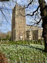 St George's west tower with snowdrops after the Eucharist 4 February 2024
